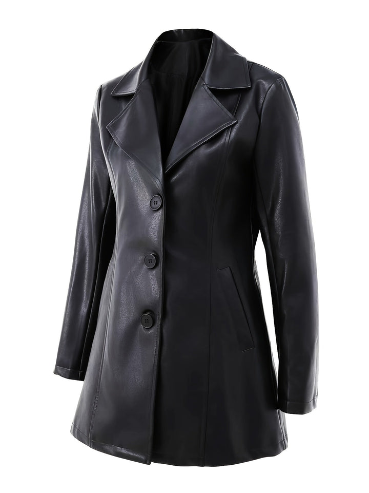 Women's Leather Longline Coat with Notch Lapel