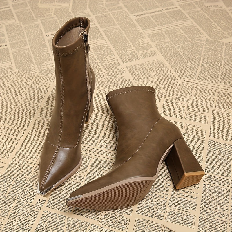 Women's Pointed Toe Block Heel Ankle Boots with Side Zip