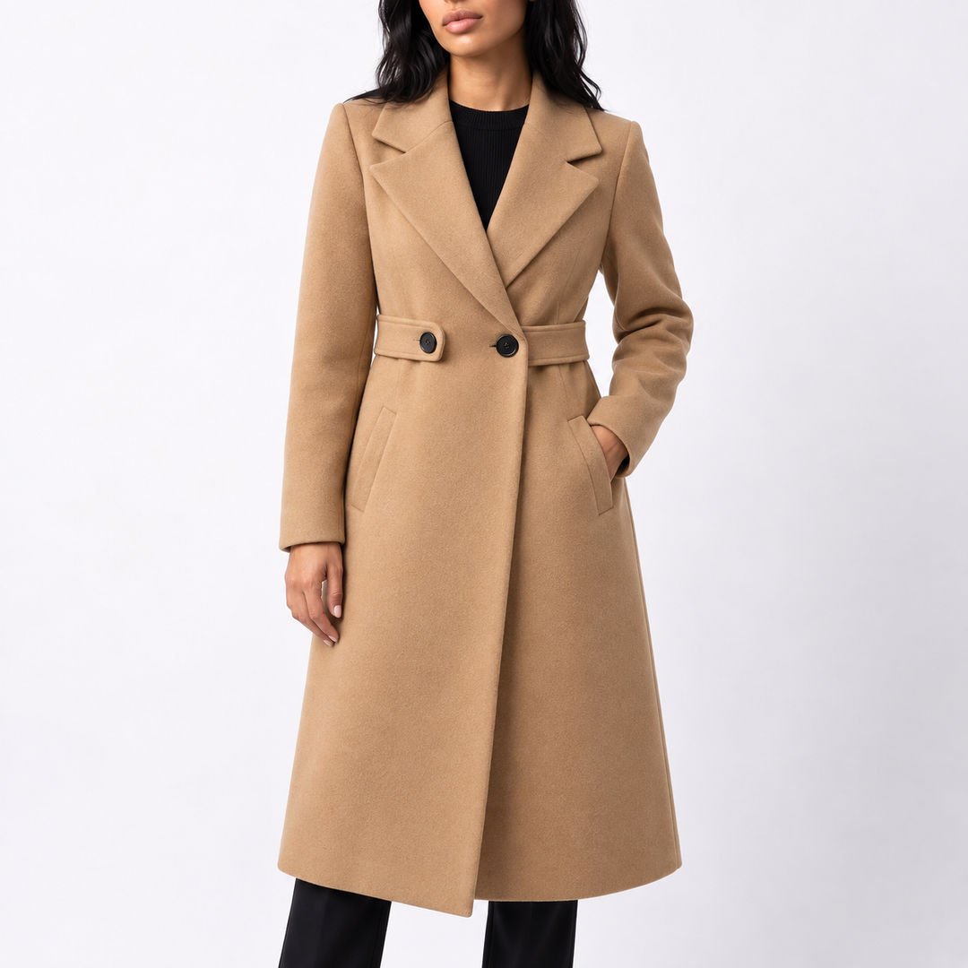 Women's Wool Long Coat with Belted Waist and Wide Lapels