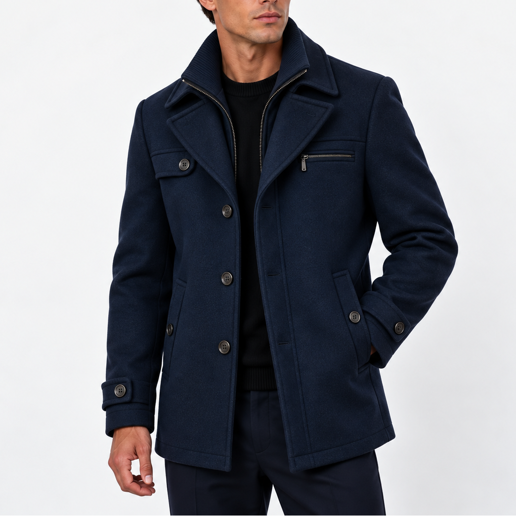 Men's Wool Blend Coat with Zip Collar and Button Front