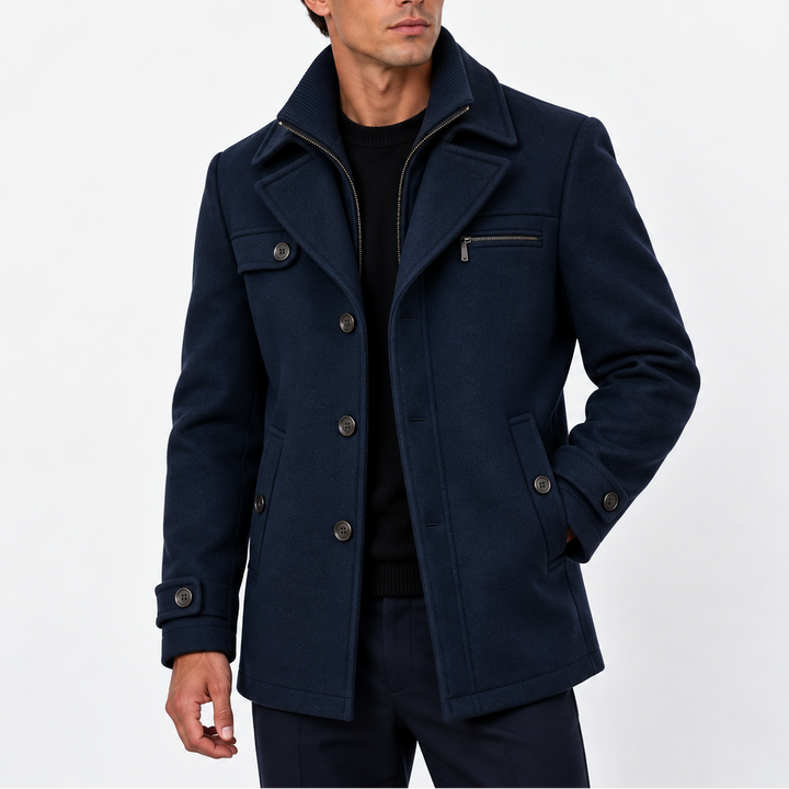 Men's Wool Blend Coat with Zip Collar and Button Front