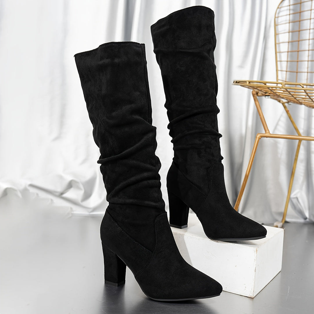 Women's Suede Slouchy Knee High Boots with Block Heel