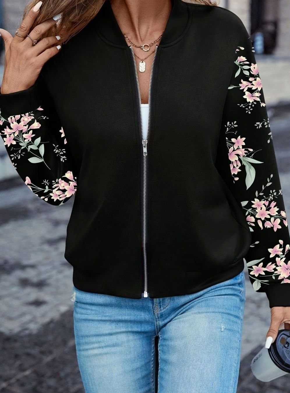 Women's Floral Print Bomber Jacket with Zip Front