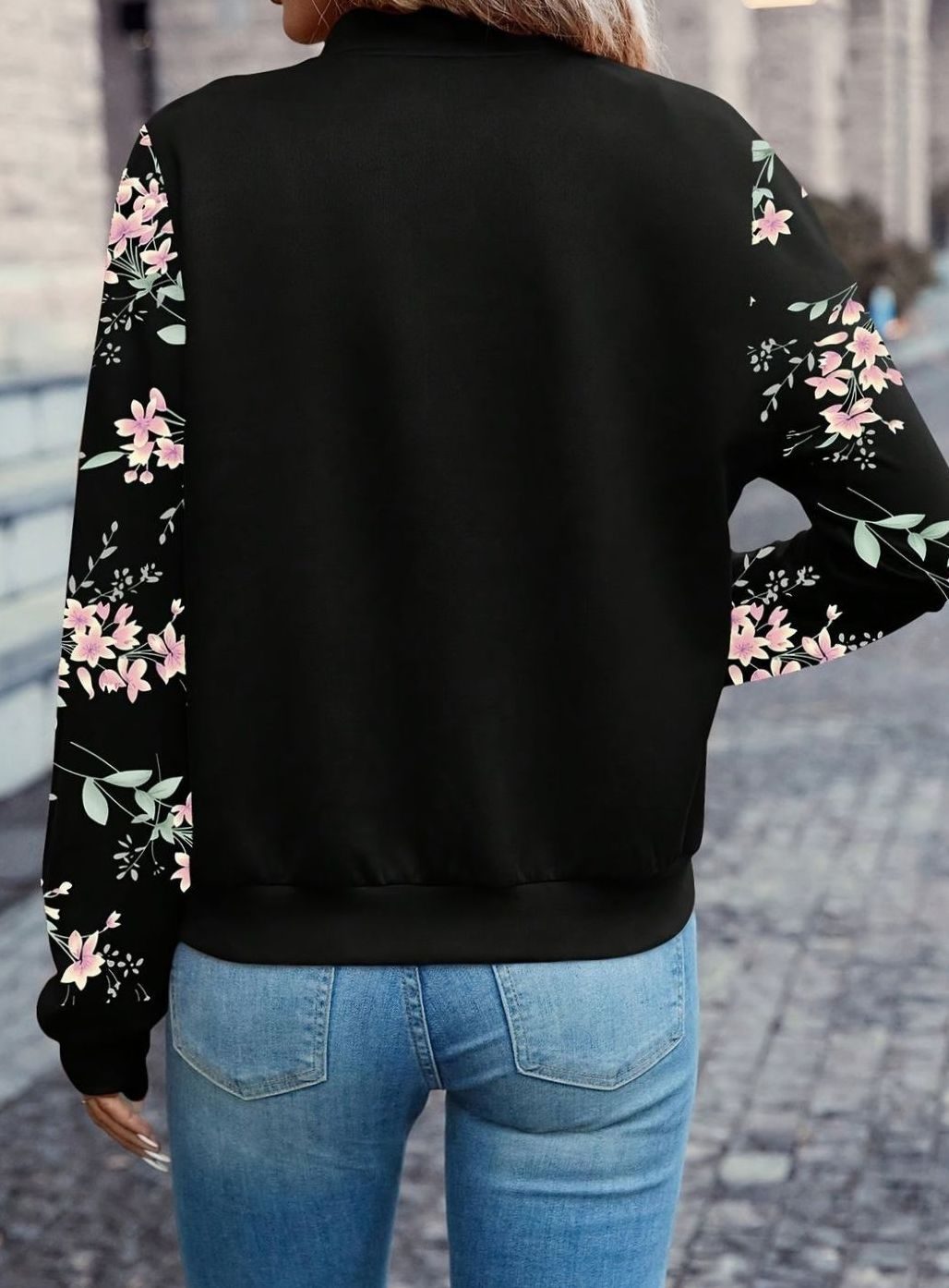 Women's Floral Print Bomber Jacket with Zip Front