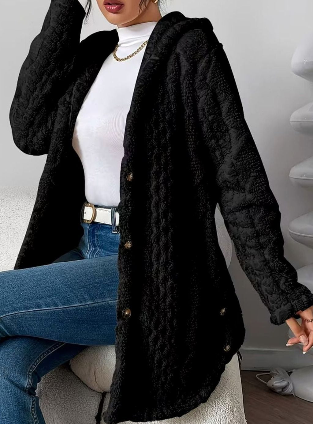 Women's Hooded Jacket with Textured Button Front