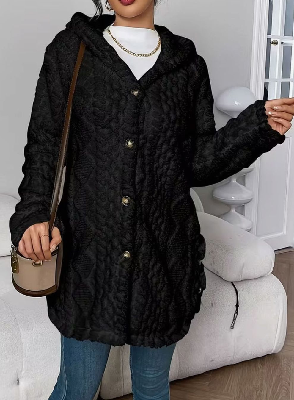 Women's Hooded Jacket with Textured Button Front