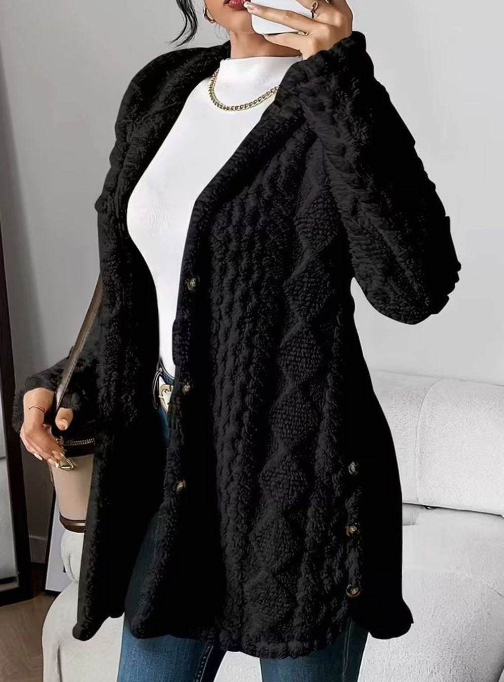 Women's Hooded Jacket with Textured Button Front