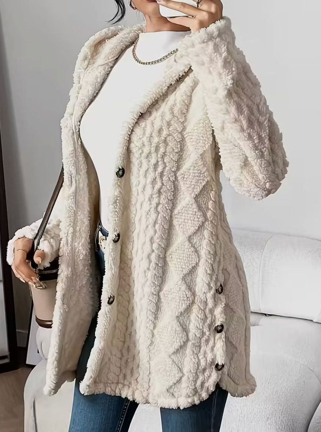 Women's Hooded Jacket with Textured Button Front