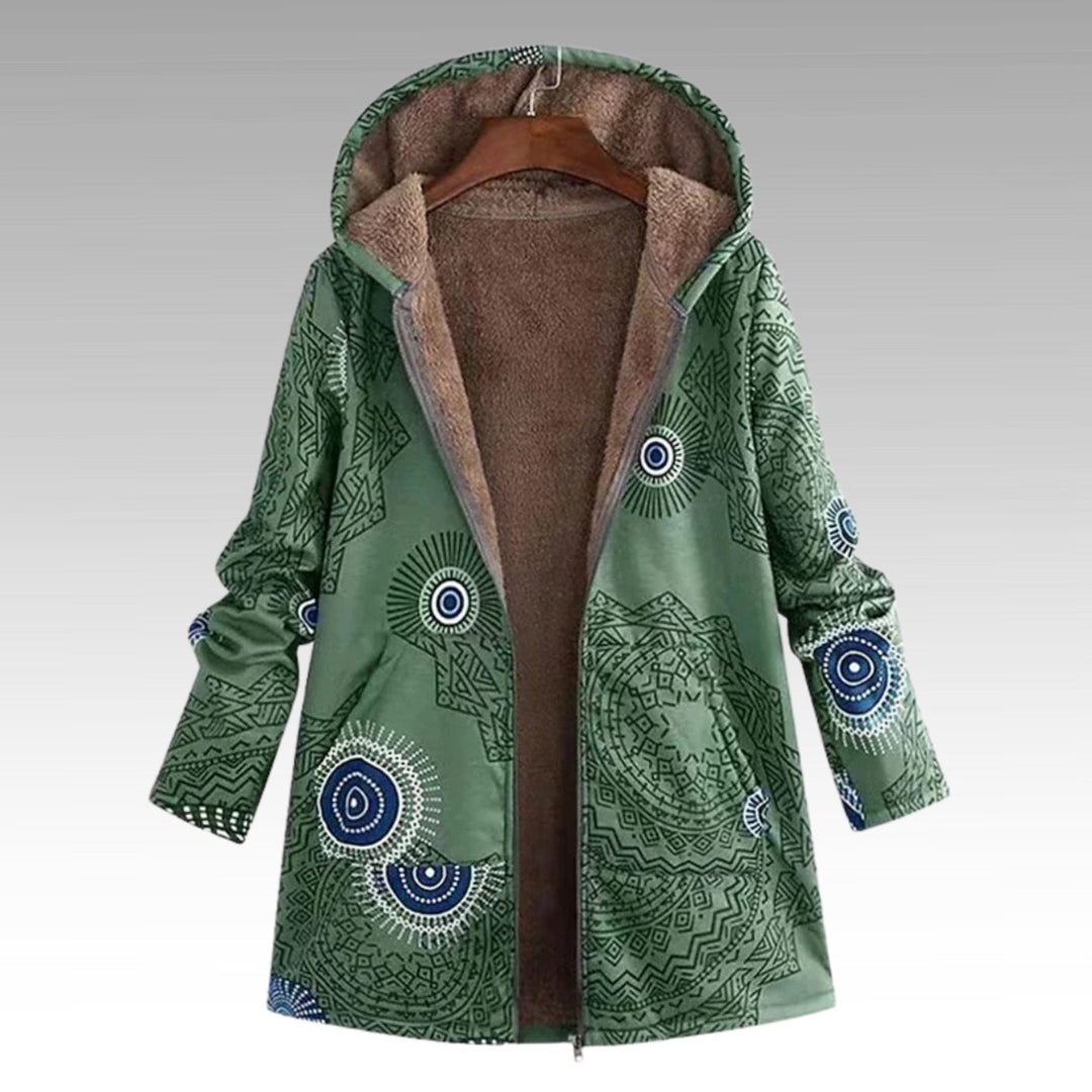 Women's Sherpa-Lined Boho Hooded Jacket with Geometric Print