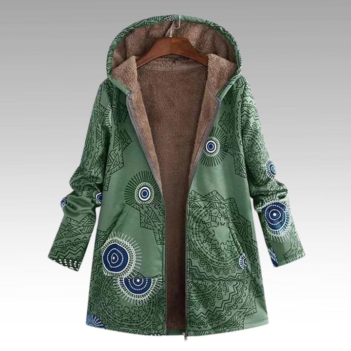 Women's Sherpa-Lined Boho Hooded Jacket with Geometric Print