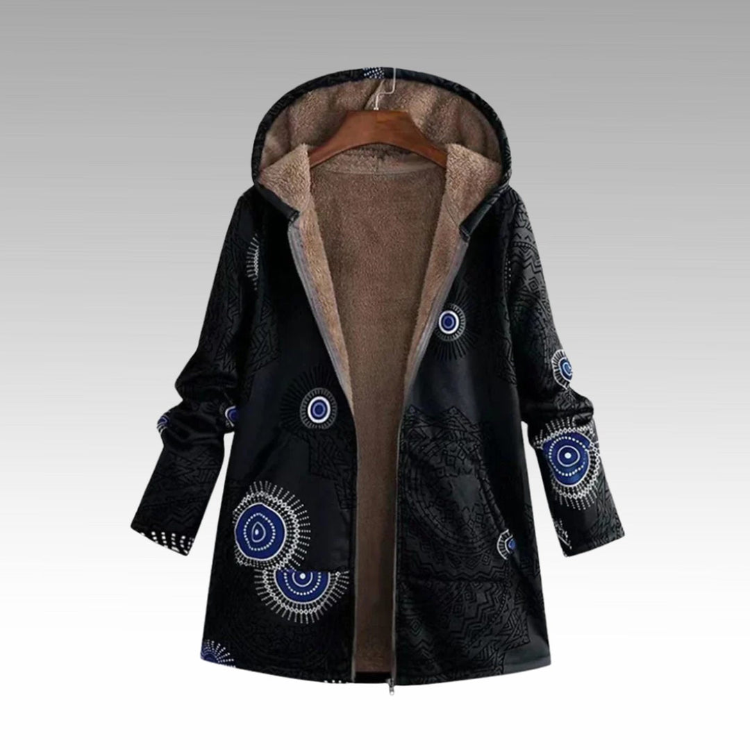 Women's Sherpa-Lined Boho Hooded Jacket with Geometric Print