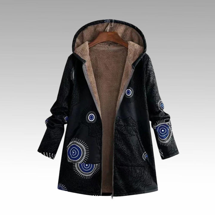 Women's Sherpa-Lined Boho Hooded Jacket with Geometric Print