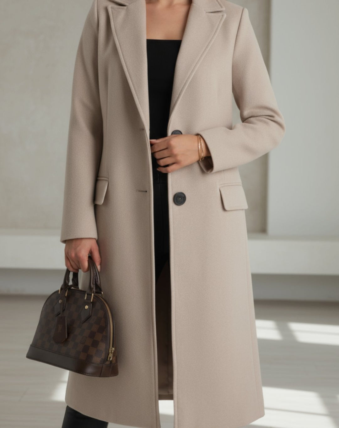 Women's Notch Lapel Longline Coat with Side Pockets