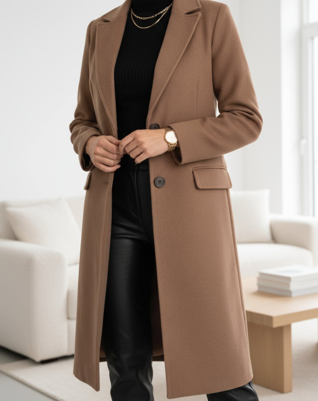 Women's Notch Lapel Longline Coat with Side Pockets