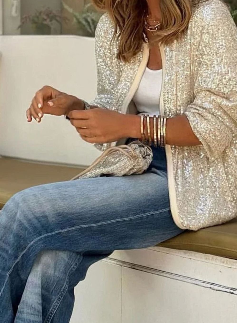 Women's Sequin Blouson Jacket with Front Zip