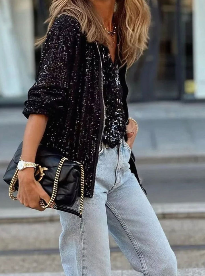 Women's Sequin Blouson Jacket with Front Zip