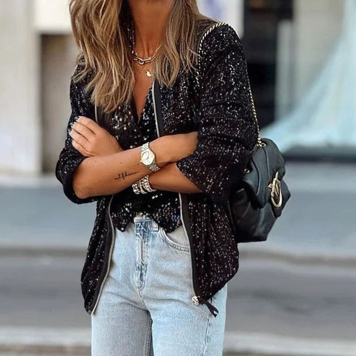 Women's Sequin Blouson Jacket with Front Zip