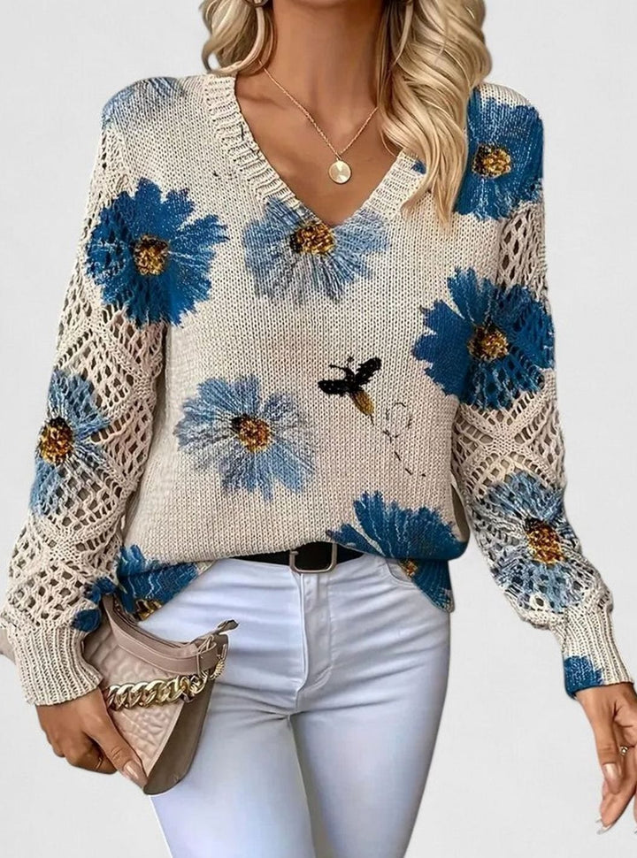 Women's Floral Knit Jumper with Openwork Sleeves