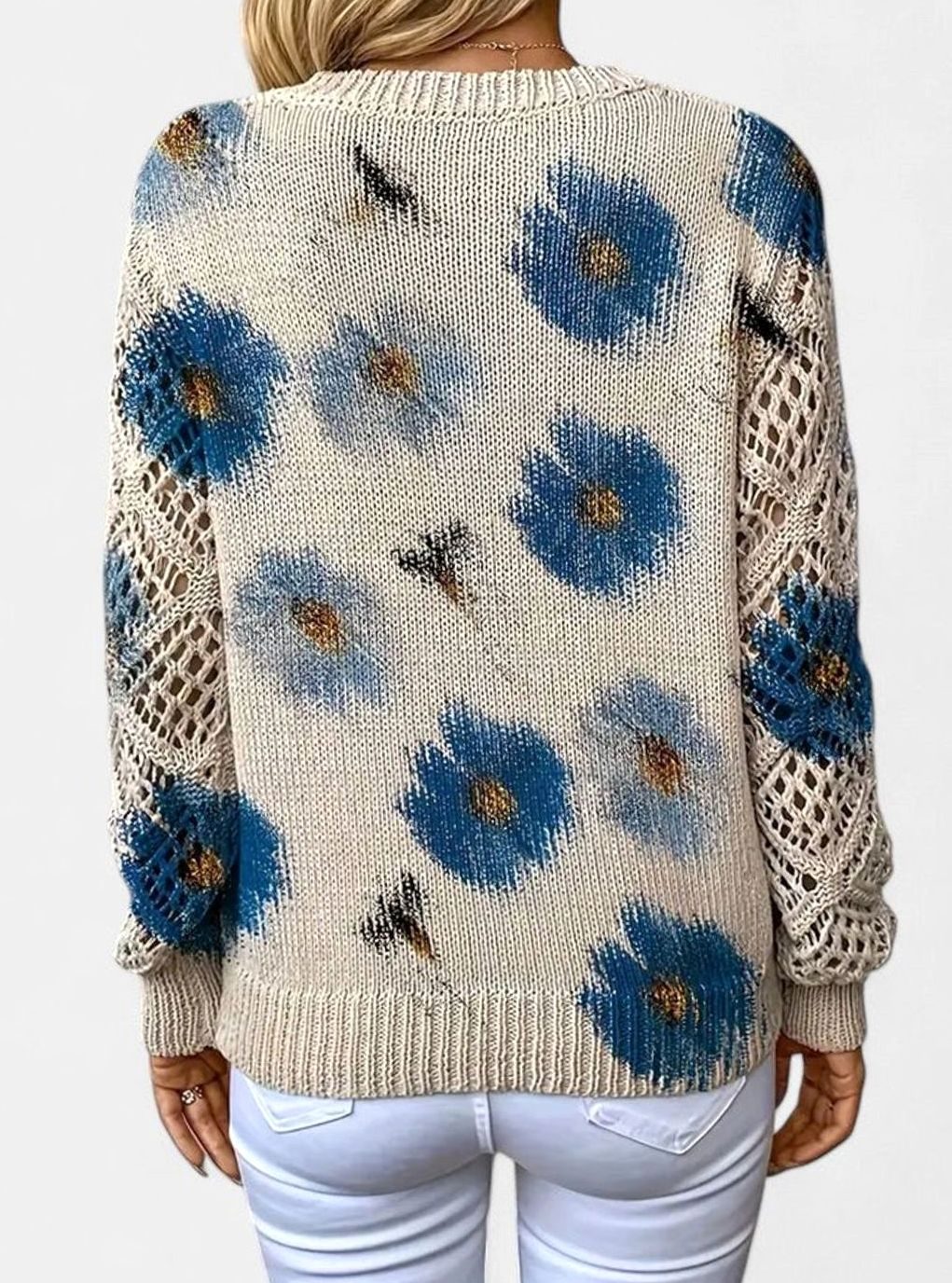 Women's Floral Knit Jumper with Openwork Sleeves