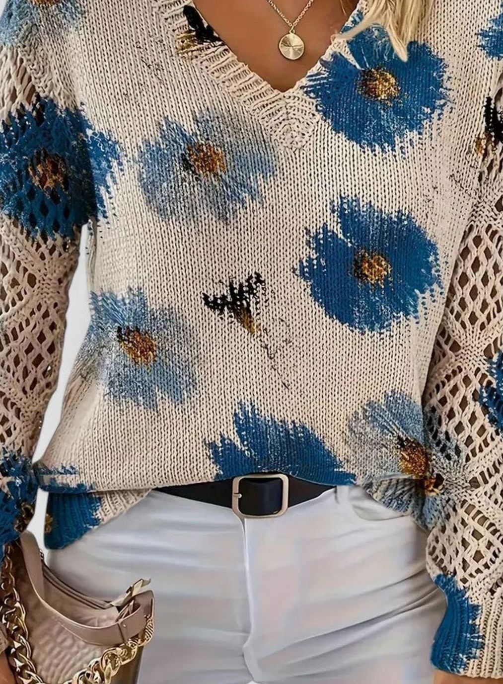 Women's Floral Knit Jumper with Openwork Sleeves