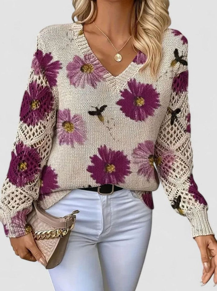 Women's Floral Knit Jumper with Openwork Sleeves