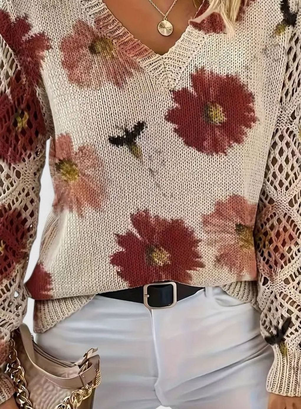 Women's Floral Knit Jumper with Openwork Sleeves