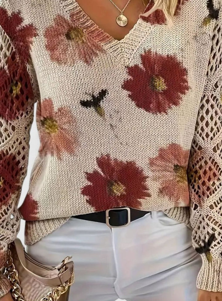 Women's Floral Knit Jumper with Openwork Sleeves