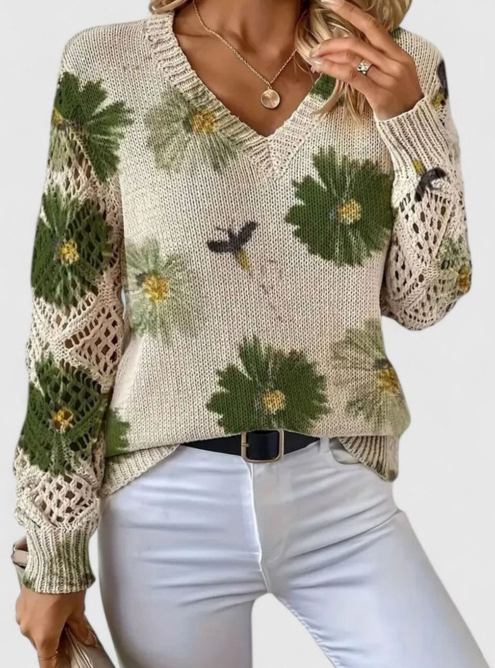 Women's Floral Knit Jumper with Openwork Sleeves