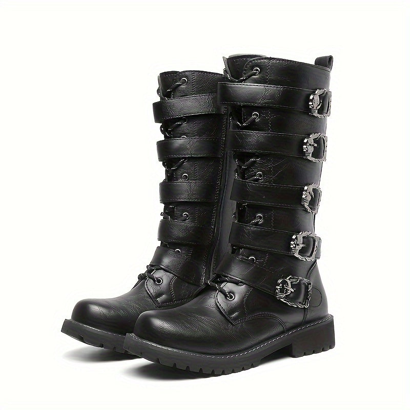 Men's Leather Buckle Strap Combat Boots with Side Zip