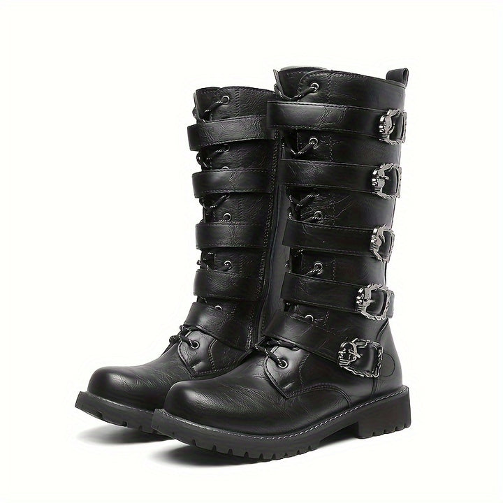 Men's Leather Buckle Strap Combat Boots with Side Zip