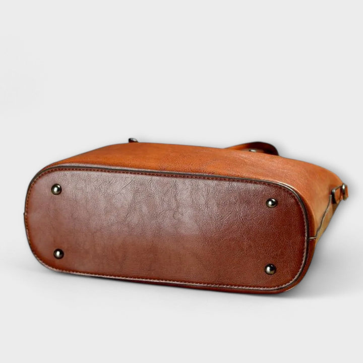 Women's Leather Bucket Tote with Buckle Strap Detail