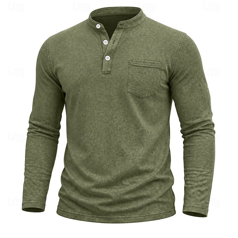 Men's Long Sleeve Henley with Chest Pocket