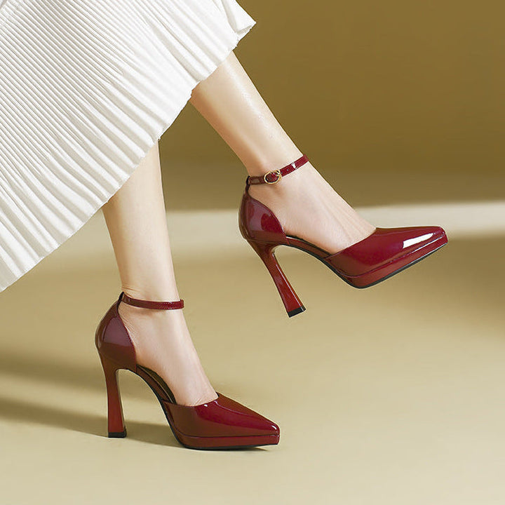 Women's Patent Leather Block Heel Pumps with Ankle Strap