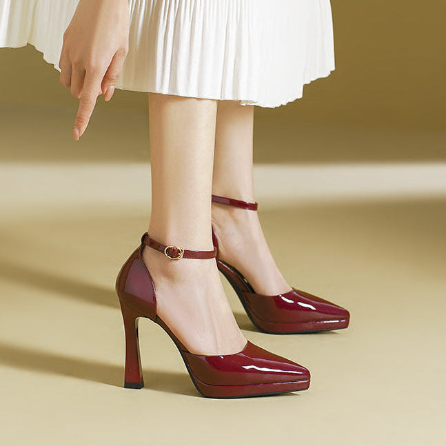 Women's Patent Leather Block Heel Pumps with Ankle Strap