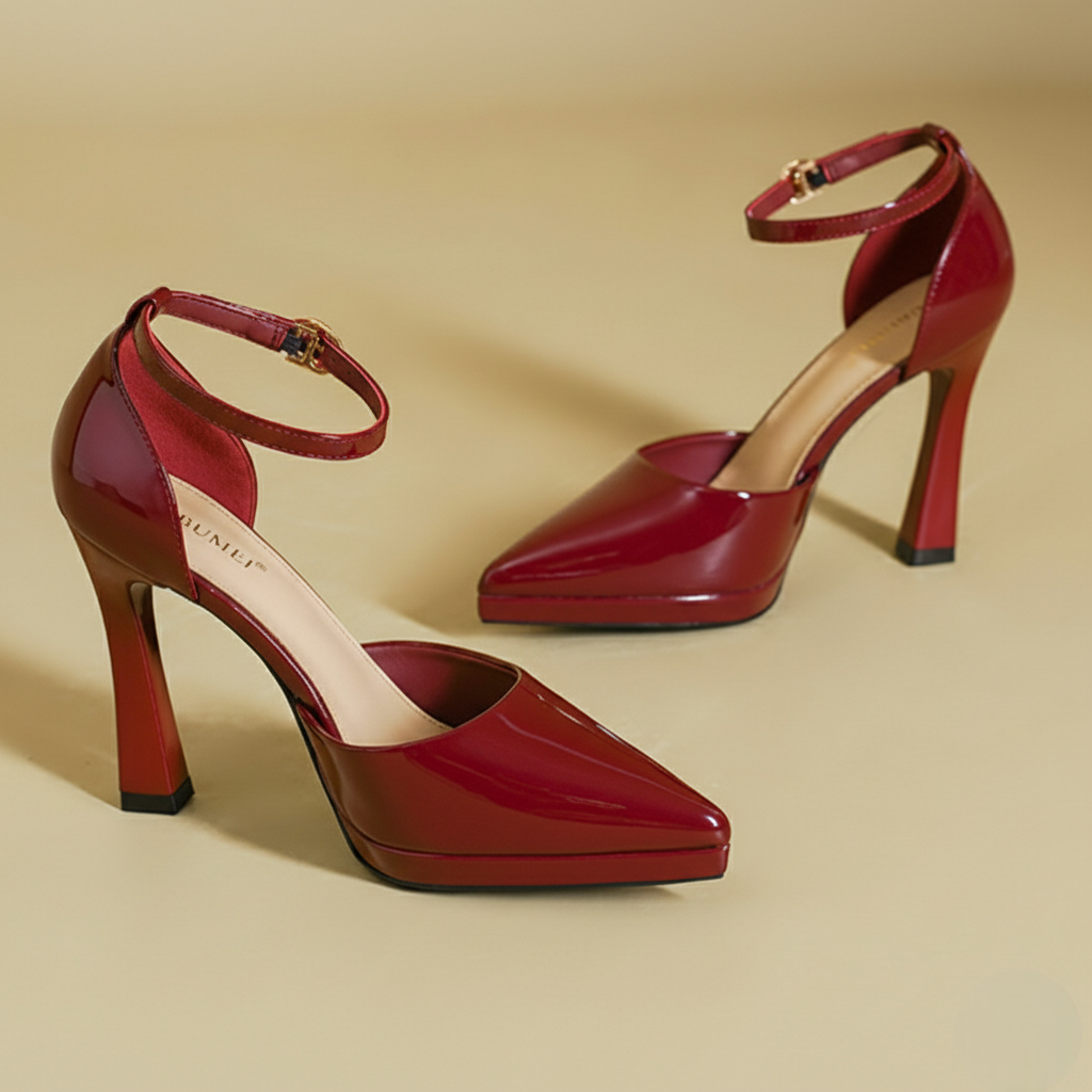Women's Patent Leather Block Heel Pumps with Ankle Strap