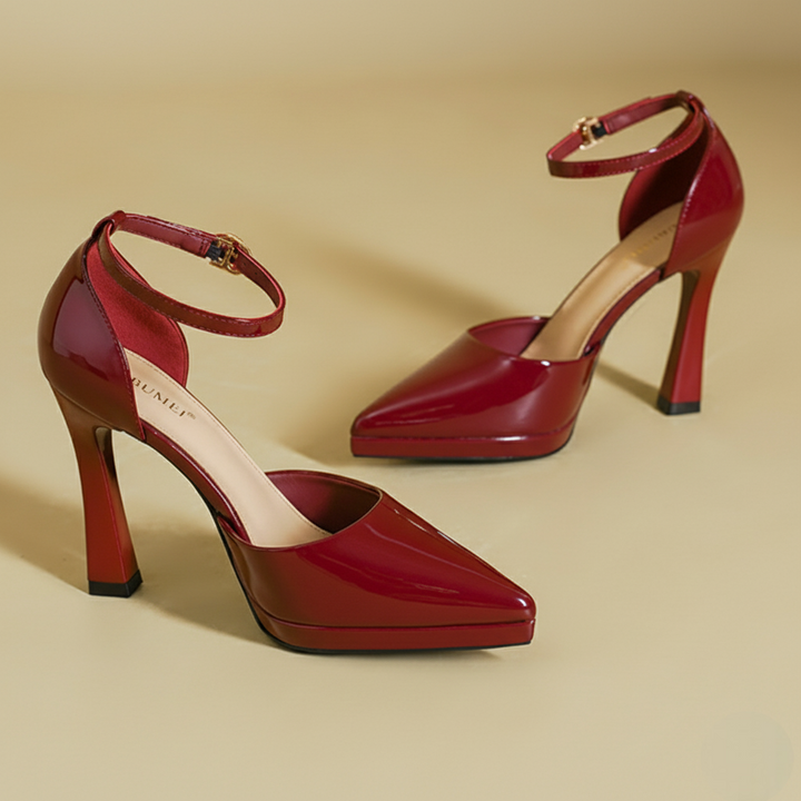 Women's Patent Leather Block Heel Pumps with Ankle Strap