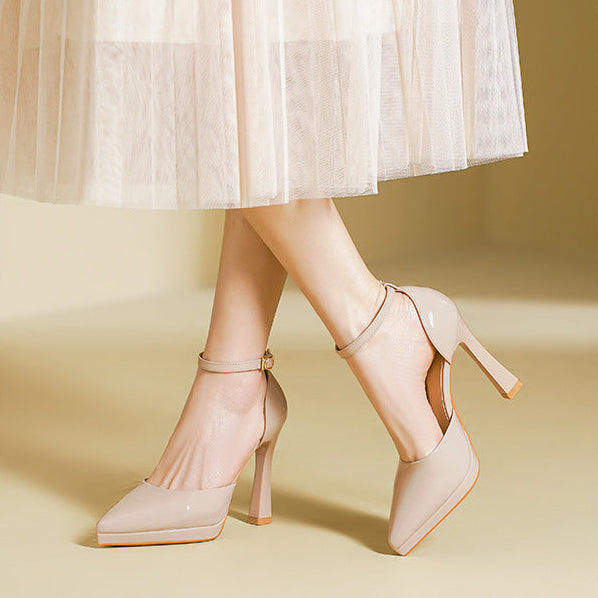 Women's Patent Leather Block Heel Pumps with Ankle Strap