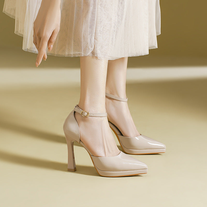 Women's Patent Leather Block Heel Pumps with Ankle Strap