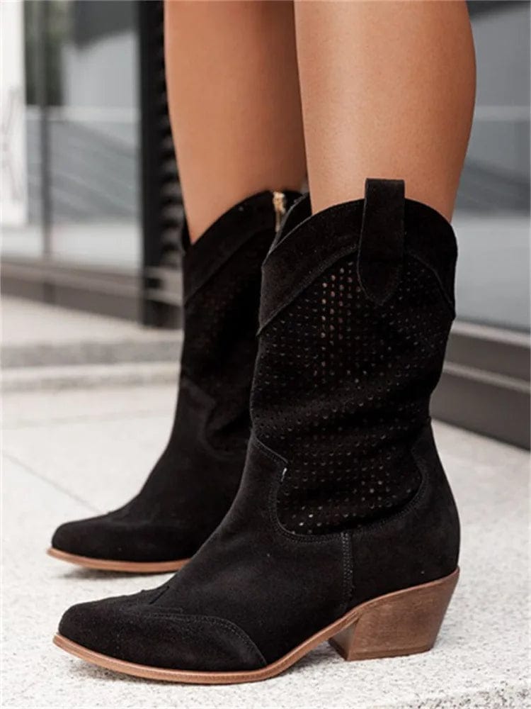 Women's Suede Perforated Cowboy Boots with Side Zip