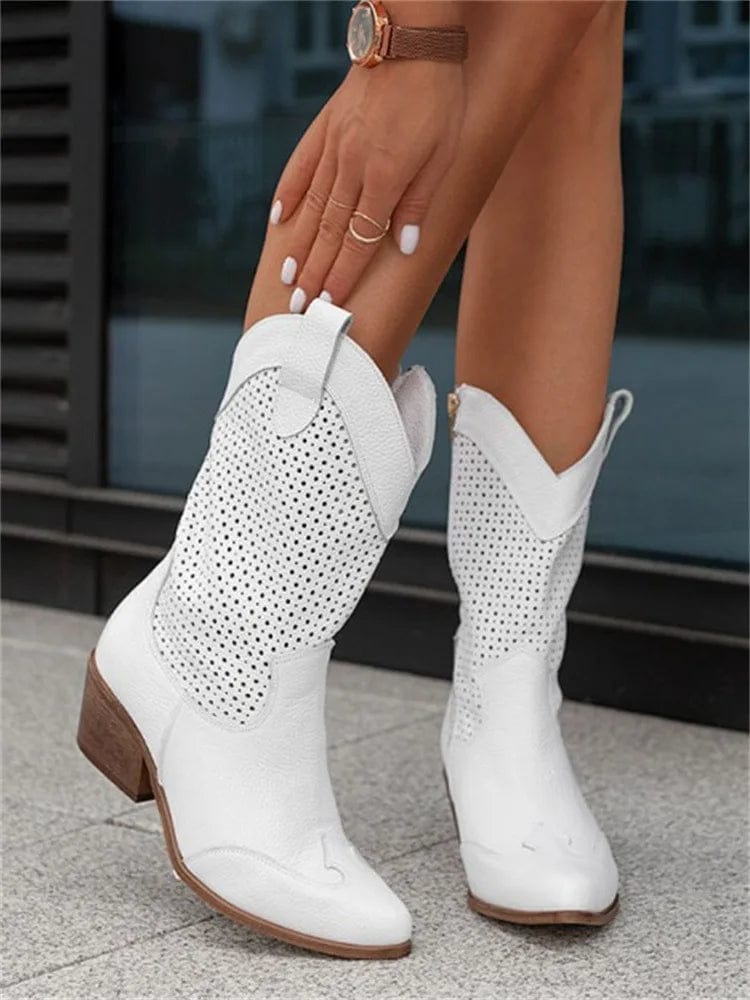 Women's Suede Perforated Cowboy Boots with Side Zip