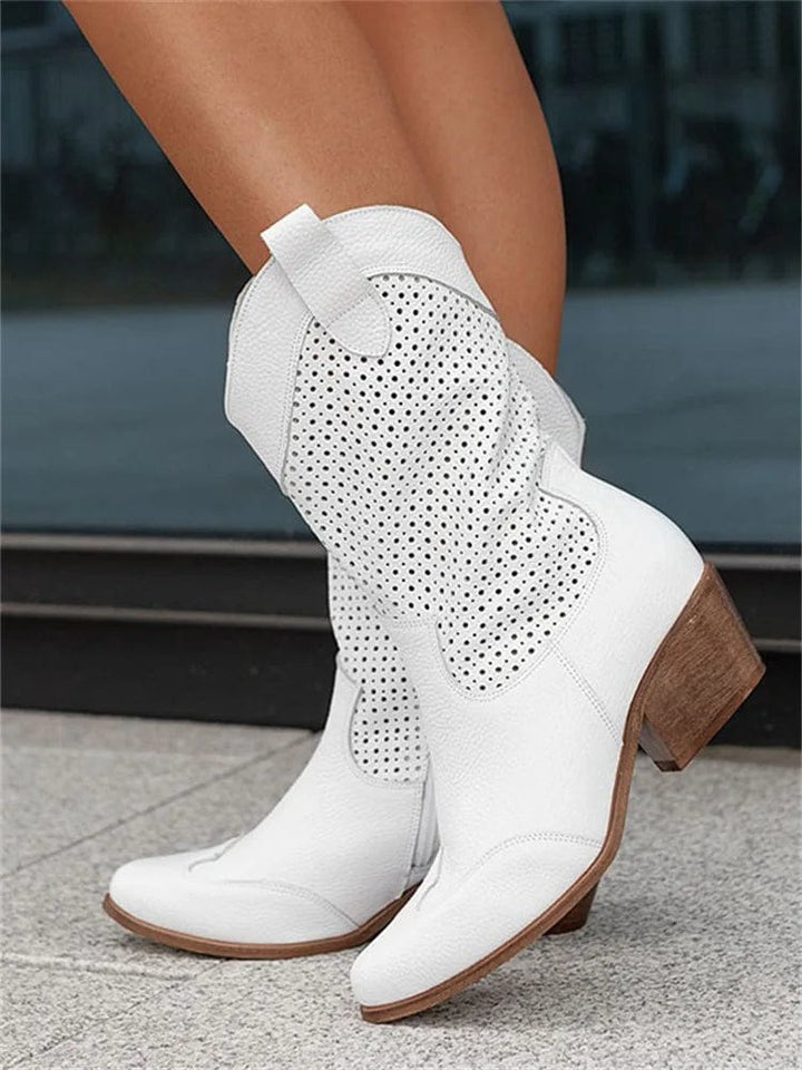 Women's Suede Perforated Cowboy Boots with Side Zip