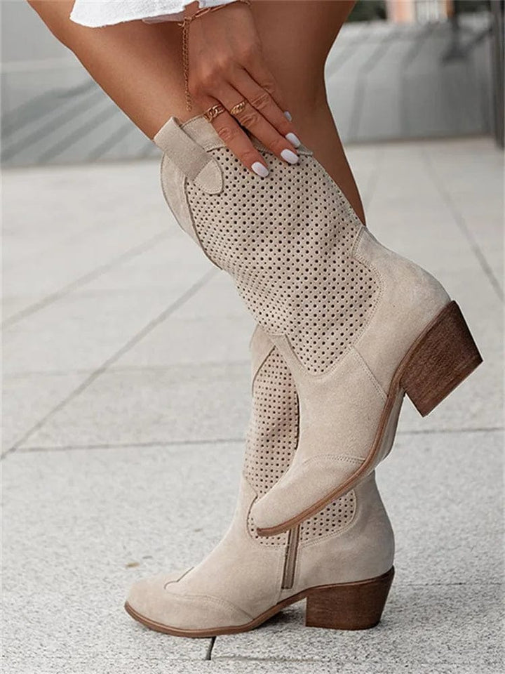 Women's Suede Perforated Cowboy Boots with Side Zip