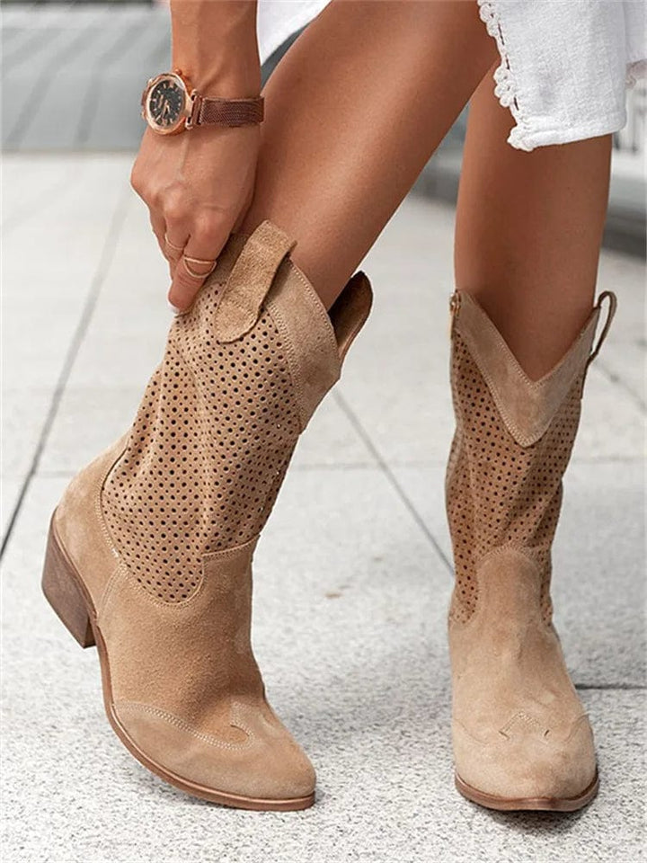 Women's Suede Perforated Cowboy Boots with Side Zip