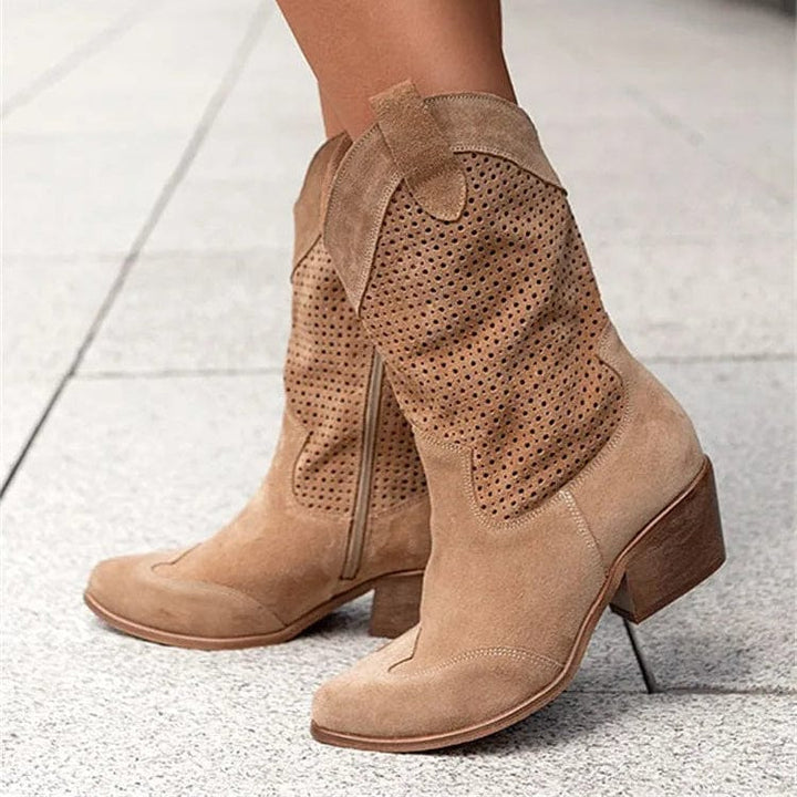 Women's Suede Perforated Cowboy Boots with Side Zip