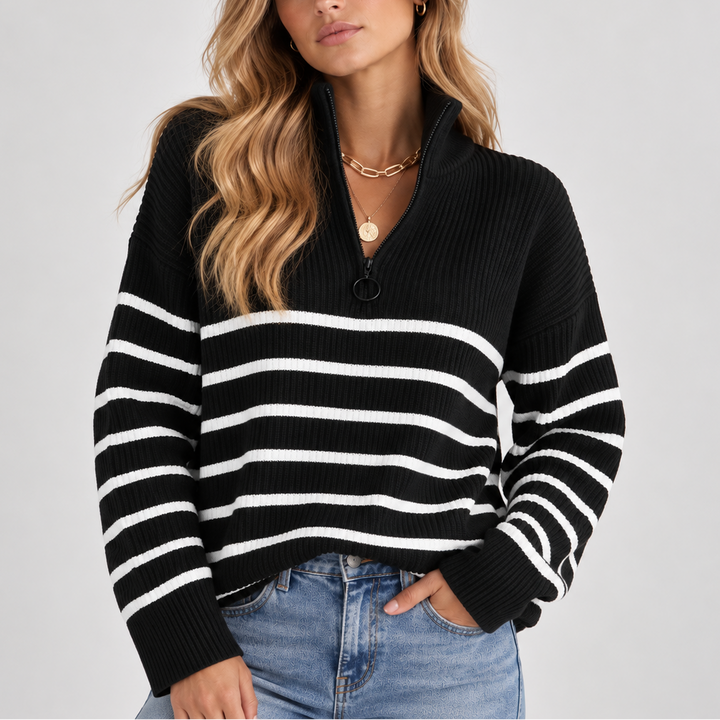 Women's Striped Jumper with Ribbed Quarter Zip