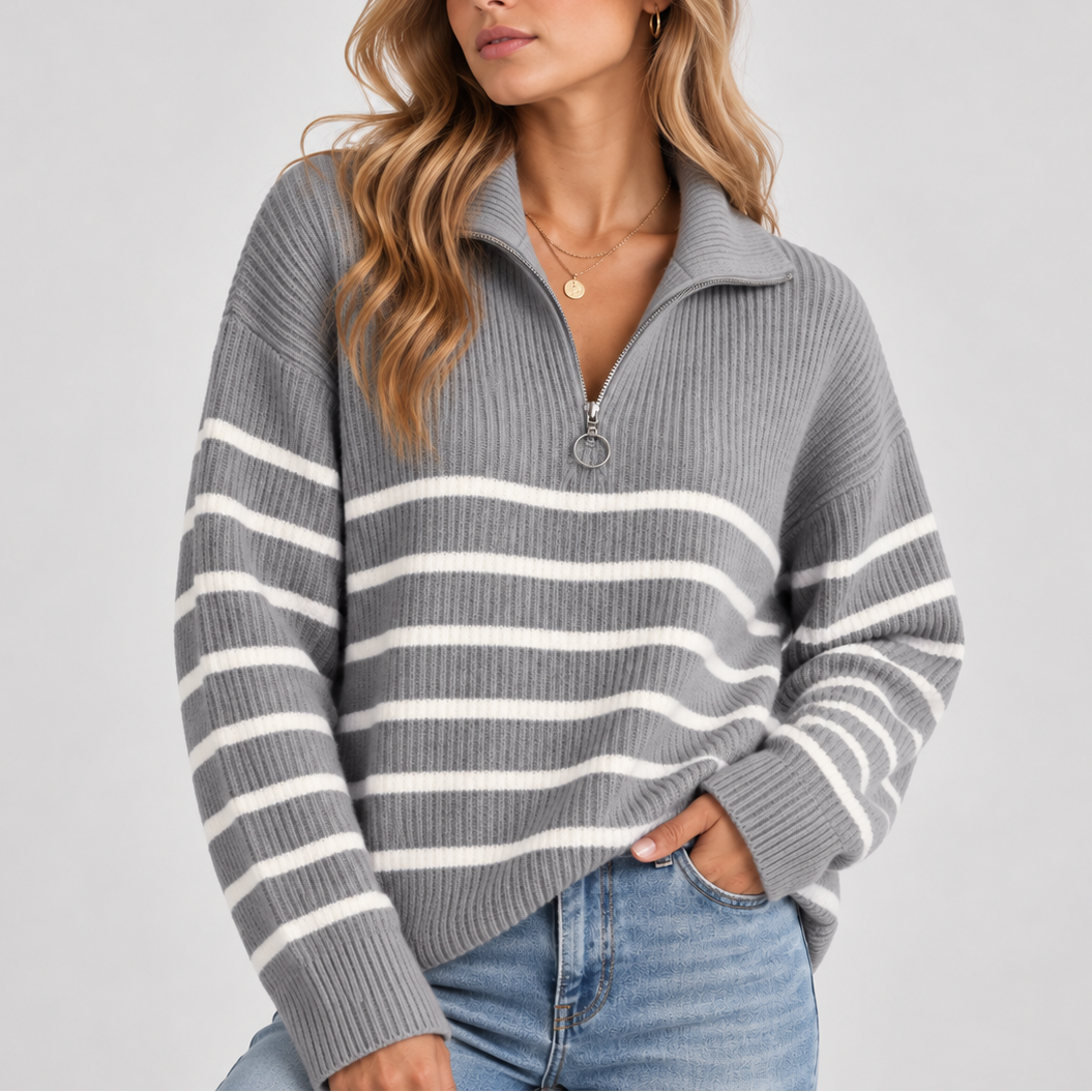 Women's Striped Jumper with Ribbed Quarter Zip