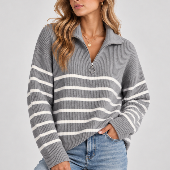 Women's Striped Jumper with Ribbed Quarter Zip