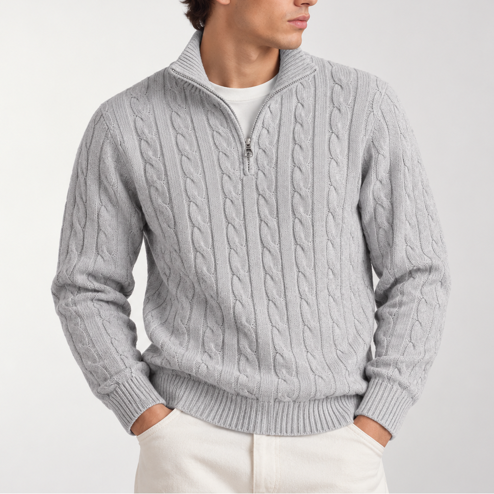 Men's Cable Knit Quarter Zip Jumper with Ribbed Collar