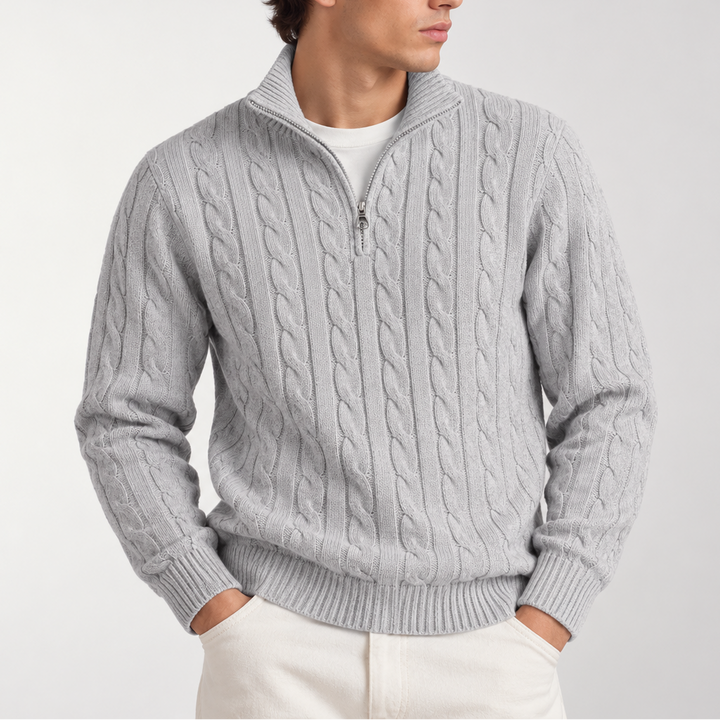 Men's Cable Knit Quarter Zip Jumper with Ribbed Collar