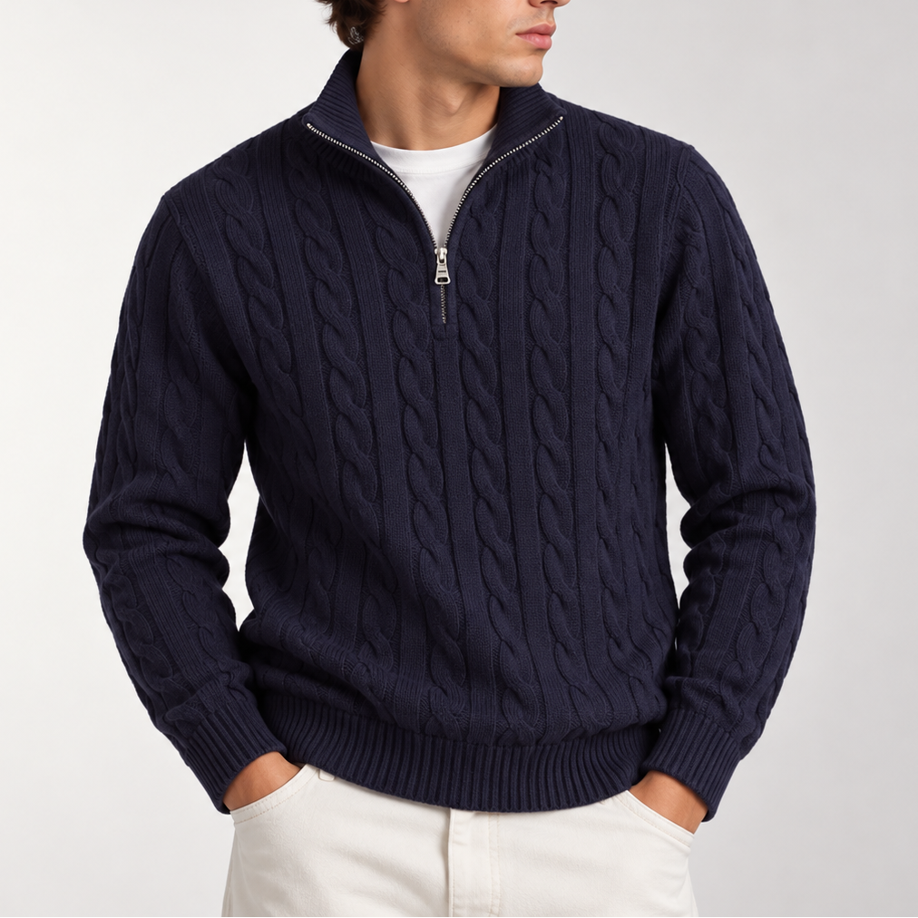 Men's Cable Knit Quarter Zip Jumper with Ribbed Collar